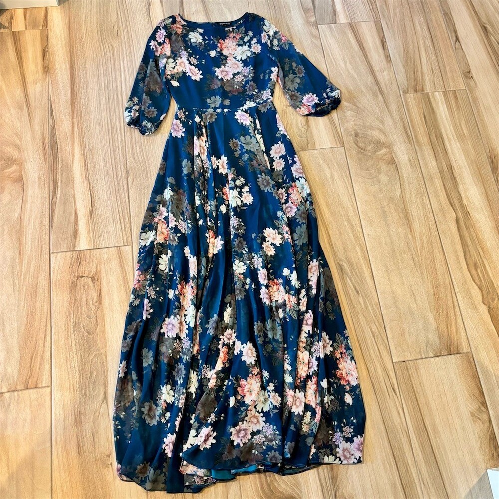 Yumi Kim Woodstock Maxi Dress Womens XS Blue Floral 3/4 Sleeve Zip Back